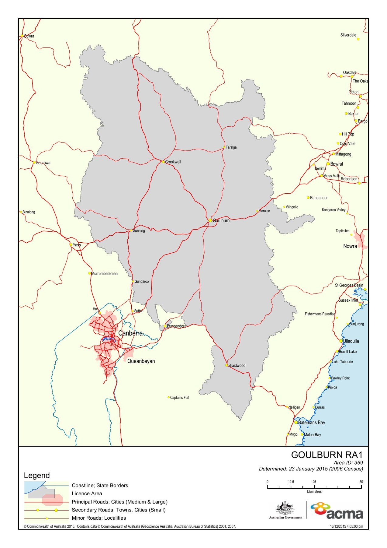 ACMA map showing the Goulburn RA1 radio licence area